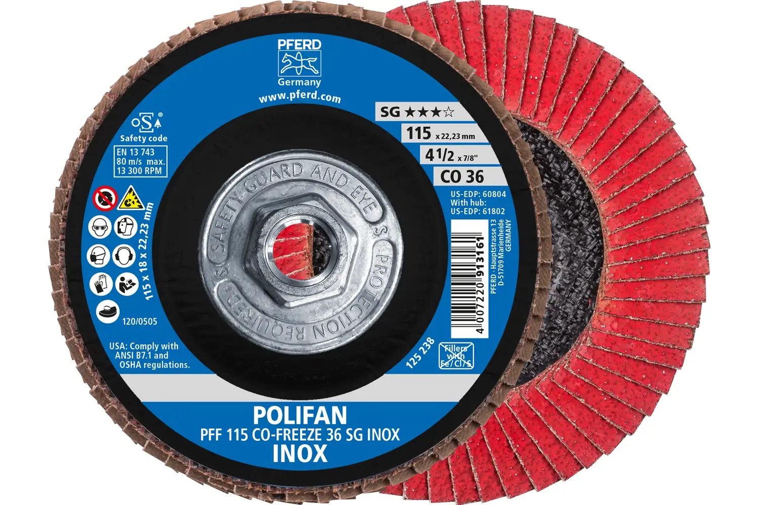 Picture of Pferd Flap Disc, 4-1/2" x 5/8-11, CO-Freeze SG Inox, 36 Grit, T27, Flat, Ceramic
